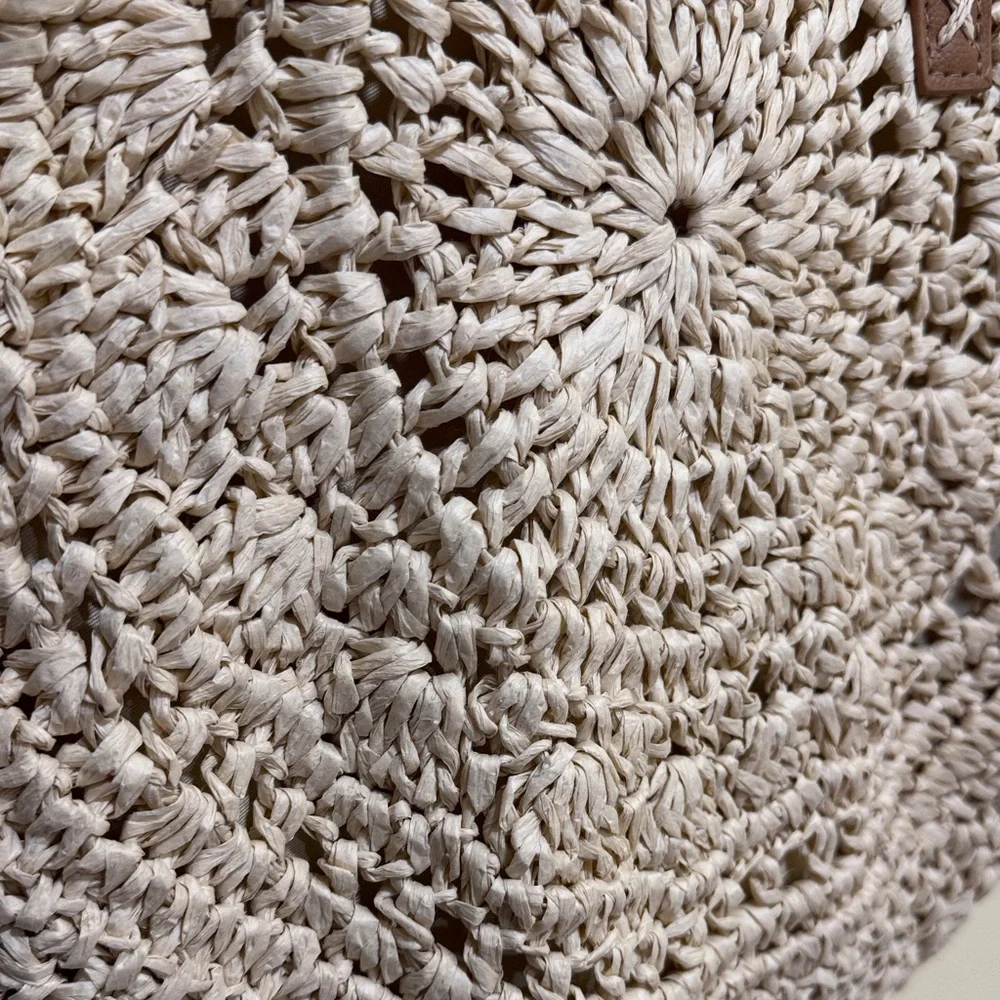 Beige Woven Tote Bag with Brown Straps - Picture 7 of 15